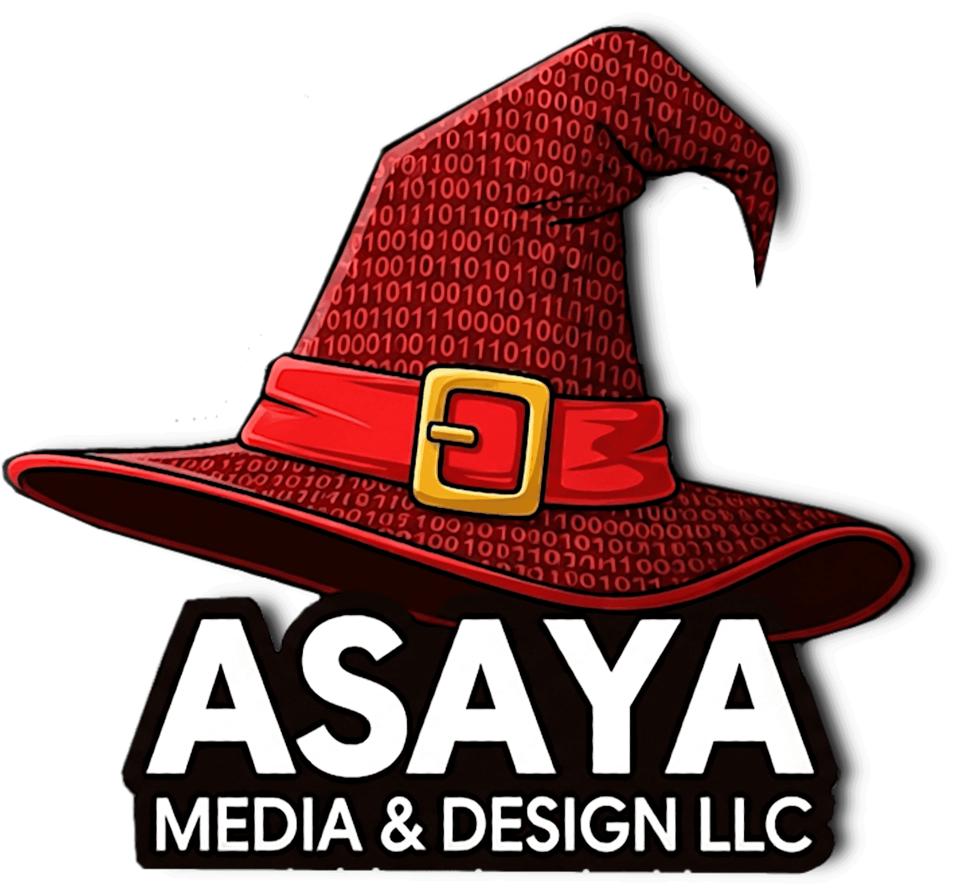 A red and black wizards hat made of binary code.