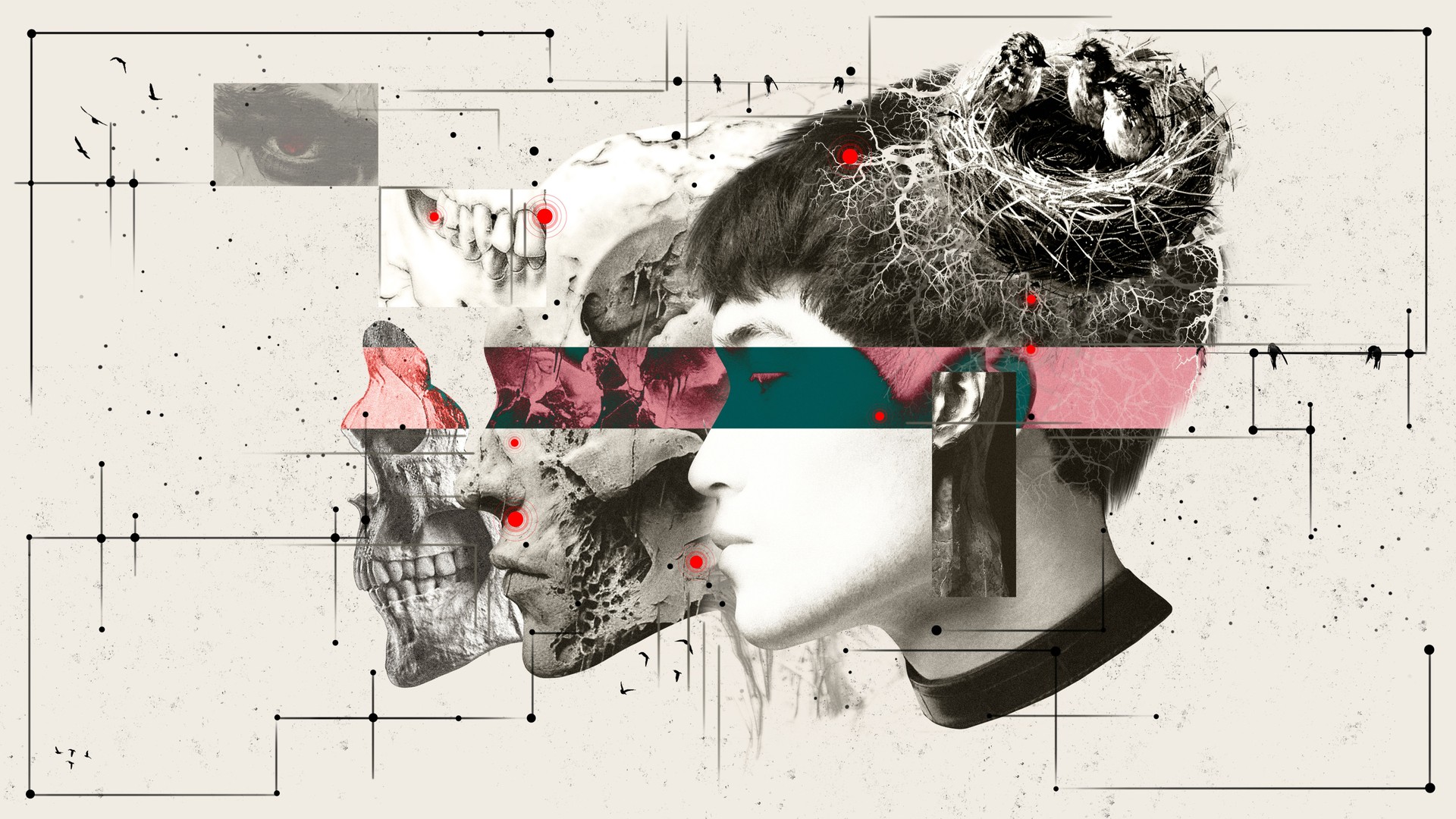 Surreal collage of male profile with skull, abstract elements, bird nest in monochrome and color palette. Conceptual art. Exploring the theme of existence.
